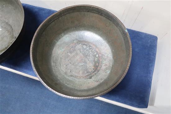 An 18th/19th century Persian tinned copper bowl, 15.25in. and 12.25in.